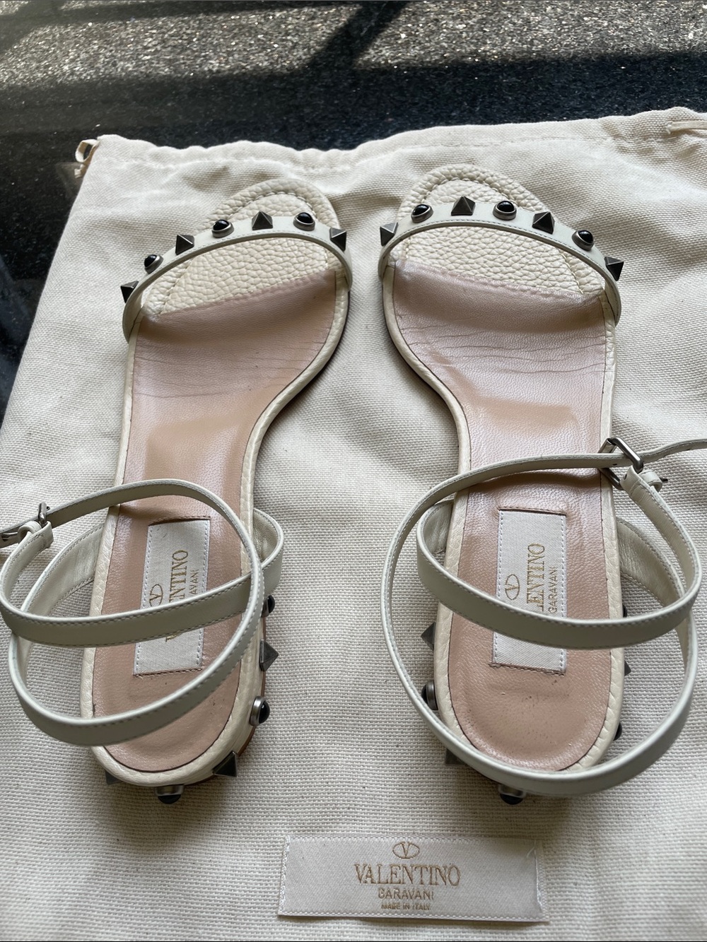 Valentino Ivory Leather Rockstud Double-Ankle Strap Flat Sandals